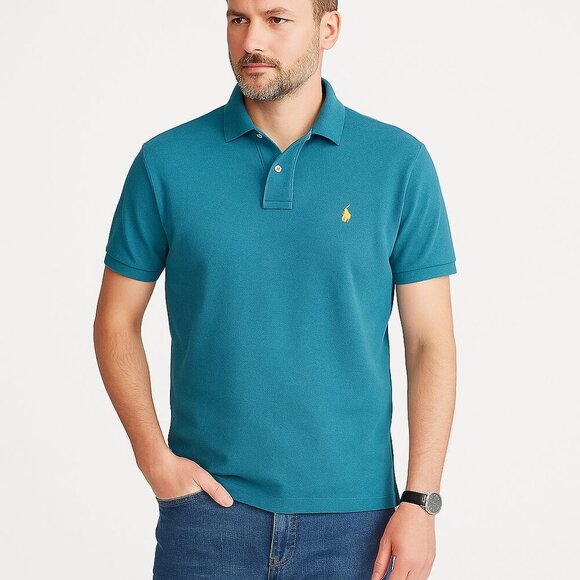 Ralph Lauren Polo Shirt Cotton Piqué Custom Fit Teal Blue Preppy Size L - Picture 2 of 8
